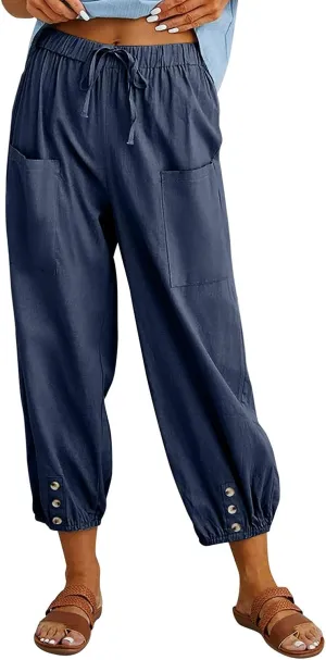 Women's Cropped Drawstring Waist Wide Leg Loose Cotton Linen Capri Pants for Women