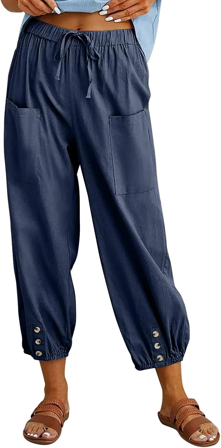 Women's Cropped Drawstring Waist Wide Leg Loose Cotton Linen Capri Pants for Women