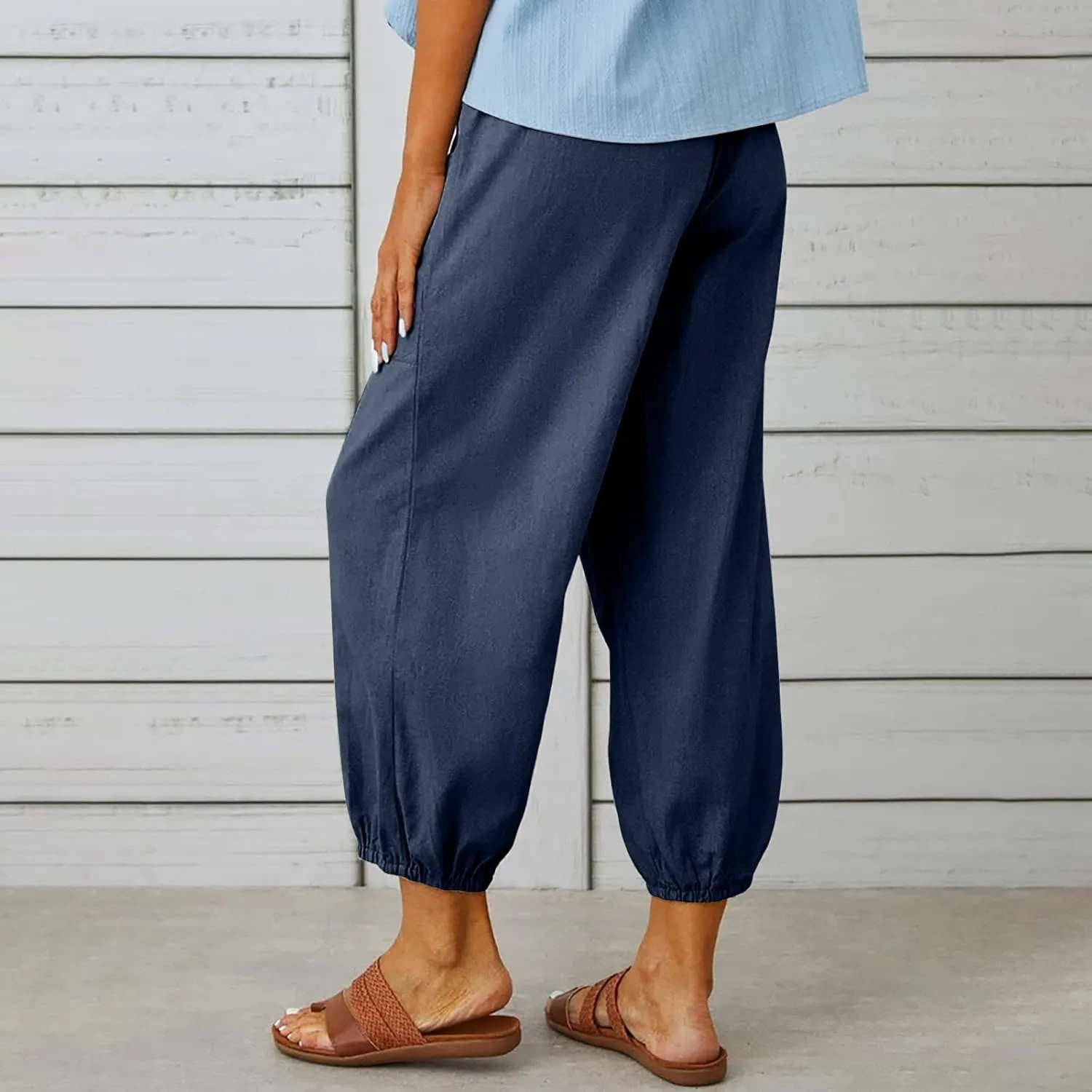 Women's Cropped Drawstring Waist Wide Leg Loose Cotton Linen Capri Pants for Women
