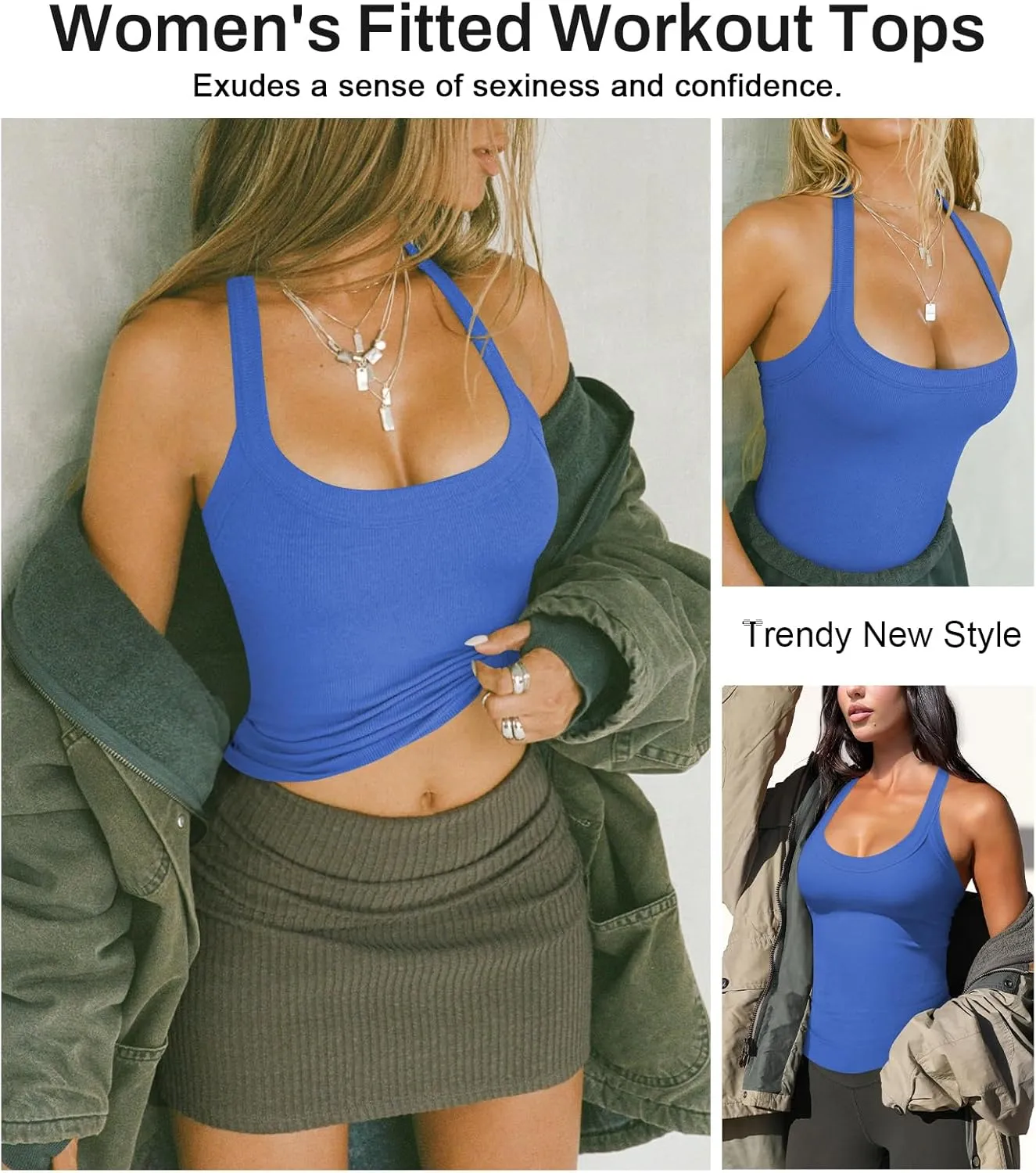 Womens Halter Top Deep Scoop Neck Low Cut Racerback Tank Top for Women Workout Ribbed Knit Fitted Sleeveless Cami Shirt
